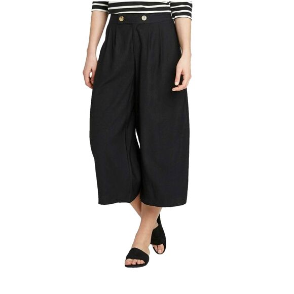 Who What Wear Pants Women 8 Black Wide Leg Crop Pleated Sailor Rayon 28x22 Boho - Picture 1 of 11